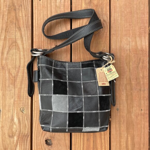 Lucky Brand Vintage Leather Patchwork Hobo Crossbody Purse Bag Grey Black New - Picture 2 of 14